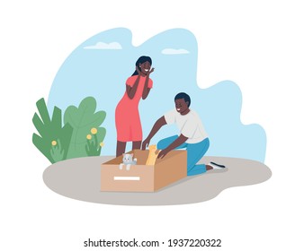 Saving homeless cats 2D vector web banner, poster. Happy african american couple rescuing kittens flat characters on cartoon background. Stray animals adoption printable patch, colorful web element