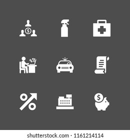 saving icon. 9 saving set with emergency, spray, receipt and money vector icons for web and mobile app