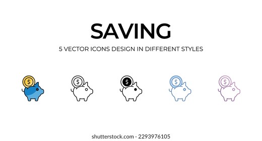 Guardar diseño de iconos en estilo Cinco con trazo editable. Línea, Sólido, Línea plana, Color de tono Duo y Línea de degradado de color. Adecuado para diseño de páginas Web, aplicaciones móviles, UI, UX y GUI.