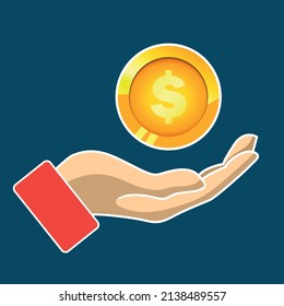 Saving icon. Saving money icon with hand on dark blue background. Dollar in hand.