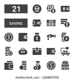 saving icon set. Collection of 21 filled saving icons included Coins, Coin, Coin stack, Wallet, Energy, Purse, Banknote