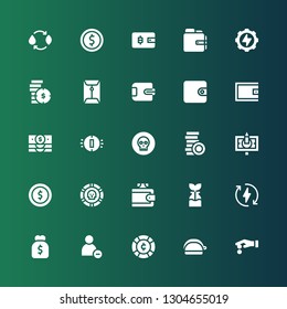 saving icon set. Collection of 25 filled saving icons included Coins, Purse, Coin, Reduce, Eco energy, Reuse, Wallet, Banknote, Energy
