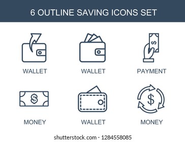 saving icons. Trendy 6 saving icons. Contain icons such as Wallet, Payment, Money, wallet. saving icon for web and mobile.