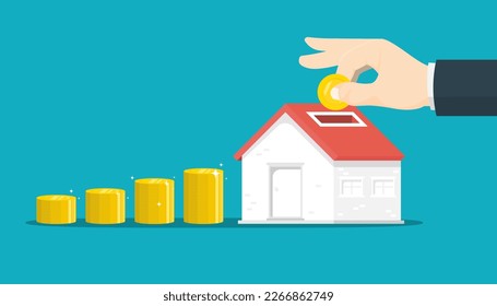 Saving income for future housing concept, Business human hand hold coin with house, Digital marketing illustration.