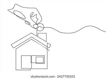 Saving income for future housing concept, Business human hand hold coin with house, Digital marketing illustration.Continuous line art or One Line Drawing