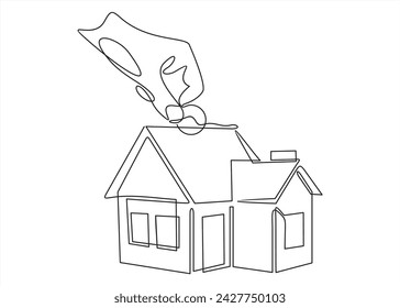 Saving income for future housing concept, Business human hand hold coin with house, Digital marketing illustration.Continuous line art or One Line Drawing