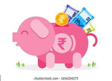 Saving Indian Rupee coin and money to piggy bank vector illustration flat design. Economy and financial concept element.  Can be used for web and mobile, infographic and print.