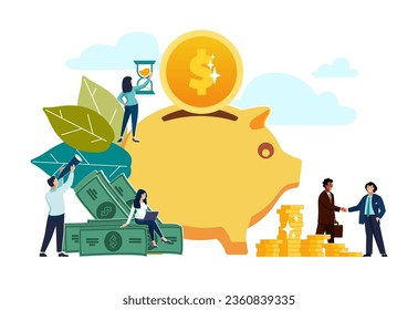 Saving into a Piggy Bank. Small people putting money into Banking to Save and Bank Interest for return on investment ROI. Character concept vector illustration for Web landing page, Mobile Apps