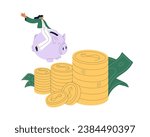 Saving, investing money, growing capital. Rich woman on piggybank, growing cash, finance. Financial deposit, investment, wealth concept. Flat vector illustration isolated on white background