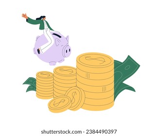 Ahorro, inversión de dinero, crecimiento de capital. Mujer rica en lechón, dinero en crecimiento, finanzas. Depósito financiero, inversión, concepto de riqueza. Ilustración vectorial plana aislada en fondo blanco