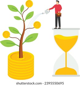 Saving and investment account concept, prosperity, smart businessman investor standing on sandy water growing from money bag, income growth from compound interest in long term investment concept.

