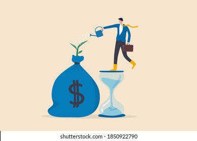 Saving and investment account, prosperity, growth earning from compound interest in long term investing concept, smart businessman investor standing on sandglass watering growing sprout from money bag