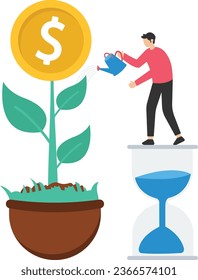 Saving and investment account, Prosperity, Growth earning from compound interest in long term investing, investor standing on sandglass, Watering growing sprout from money bag

