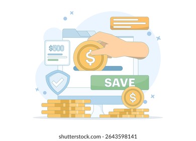 saving and investment concept. saving money creatively, financially, wealth, or rich. saving money digitally. finance and technology. deposit and addition. flat design illustration.