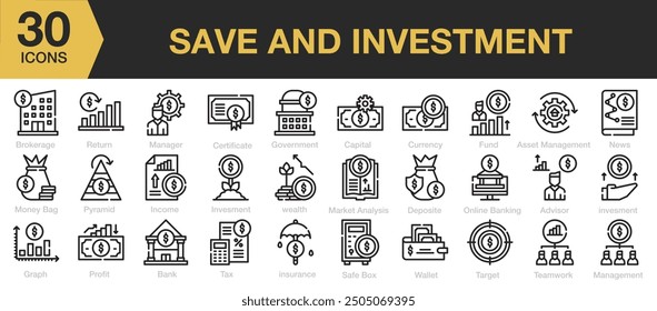 Saving and investment icon sets. Includes manager, deposit, banking, management, profit, money, income, and More. Outline icons vector collection.
