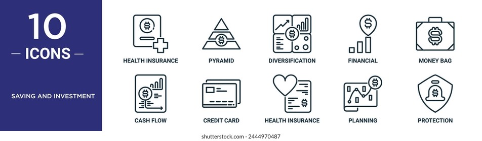saving and investment outline icon set includes thin line health insurance, pyramid, diversification, financial, money bag, cash flow, credit card icons for report, presentation, diagram, web design