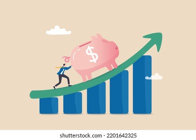 Saving or investment profit, compound interest graph or wealth incremental, investment earning from stock market or mutual fund concept, rich businessman push big piggy bank up rising graph and chart.