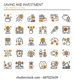 Ahorro e inversión , Iconos Perfectos de Línea Ligera y Pixel