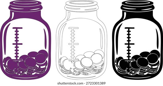 Tarro de ahorro con el Vector del icono de las monedas fijó el contorno púrpura y las variaciones rellenadas negras que ilustran el concepto del fondo del retiro de la inversión del banco del dinero aislado en la ilustración transparente del fondo