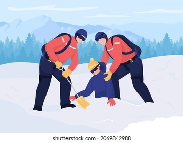 Salvando la vida en avalancha de color plano ilustración vectorial. Localizando a la víctima enterrada. Primeras respuestas rescatando a sobrevivientes de avalancha personajes de caricatura 2D con montañas cubiertas de nieve en segundo plano