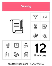 Saving line icon set. Deposit, agreement, handshake. Money concept. Can be used for topics like finance, banking, investment