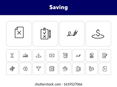 Saving line icon set. Deposit, agreement, handshake. Money concept. Can be used for topics like finance, banking, investment