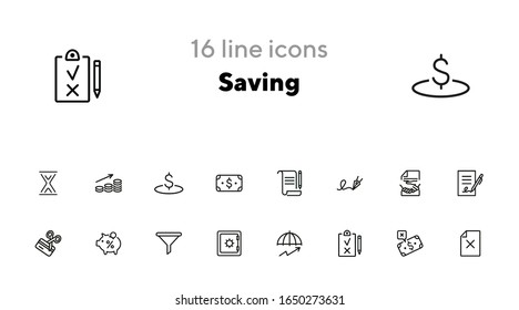 Guardando conjunto de iconos de línea. Depósito, acuerdo, apretón de manos. Concepto de dinero. Se puede utilizar para temas como finanzas, banca, inversión