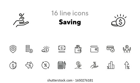 Guardando conjunto de iconos de línea. Salario, bolso, gráfico, banco de cerdo. Concepto de dinero. Se puede utilizar para temas como presupuesto, finanzas, banca, depósitos, inversión