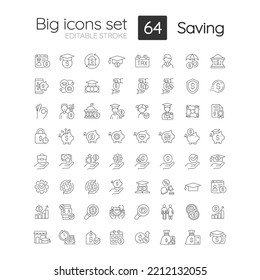 Saving linear icons set. Financial funds. Money management. Smart investment. Customizable thin line symbols. Isolated vector outline illustrations. Editable stroke. Quicksand-Light font used