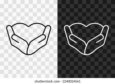 Saving love, high quality vector editable line icon. Heart in hands, outline icon isolated on dark and light transparent backgrounds for UI design.