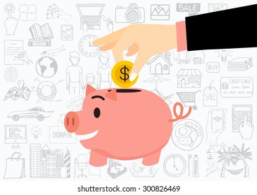 Saving money for all expenses in the future. Doodles background.