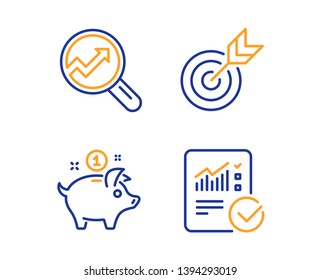 Saving money, Analytics and Target icons simple set. Checked calculation sign. Piggy bank, Audit analysis, Targeting. Statistical data. Finance set. Linear saving money icon. Colorful design set
