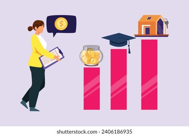 Saving money, analyzing, planning personal budget, investing. Financial management concept. Colored flat vector illustration isolated.