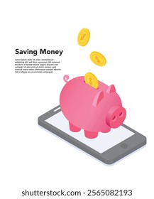 Saving money. Saving application. Smartphone earning money with piggy stock illustration