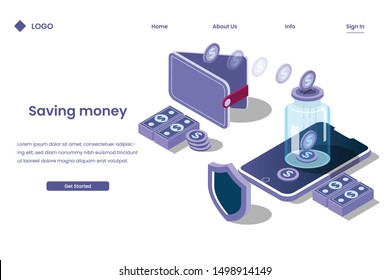 saving money in a bank with a digital process with full protection in isometric style illustration