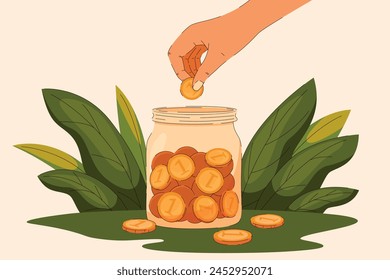 Saving money Bank vector concept for financial literacy. A hand drops a coin into a jar