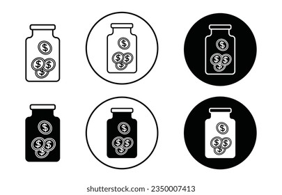 Saving money bottle icon set. tip jar vector symbol. retirement medical fund sign in black filled and outlined style.