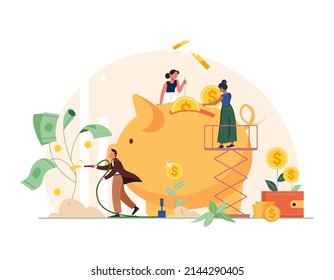 Saving money business concept. Tiny people growing tree with coins and money, making profit. Piggy bank, wallet, credit card. Concept vector illustration for successful business, financial services.