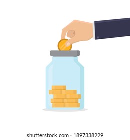 Saving money, business hand hold money and put money into savings design vector illustration