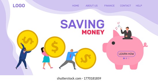 saving money  business people carry money golden coins to piggy bank vector illustration