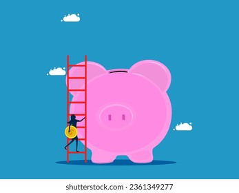 Saving money. businesswoman holding coins climbs a ladder to drop into a piggy bank