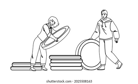 Saving Money For Buy House Young Family Black Line Pencil Drawing Vector. Man And Woman Couple Saving Money For Buying Real Estate Or Vacation Together. Characters Collect Coins Finance Illustration