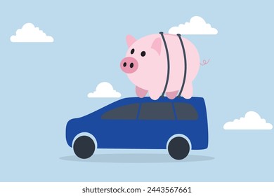 Saving money to buy new car, big pink piggy bank wallet on the roof of the car.
