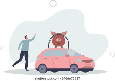 Ahorro de dinero para comprar un coche nuevo, gastos o presupuesto para el servicio de mantenimiento del coche, deuda o préstamo de coche. Ilustración vectorial plana.