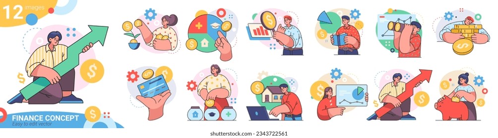 Saving money and capital, flat cartoon vector illustration set. People growing financial assets and richness, earning dollars. Banking and funding, payments and growth of prosperity