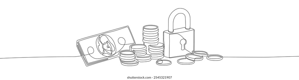 Economizando dinheiro, capital, colocando dinheiro de lado, protegendo e segurando finanças ilustração vetorial de desenho de linha contínua. Ilustração de contorno de dinheiro e bloqueio