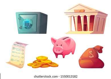 Saving money cartoon icons vector illustration. Pink piggy bank icon, bank building, safe deposit, bag and golden coins pile isolated on white background.