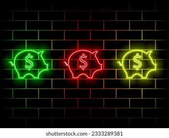 Sparen Sie Geld, Geldkasten, Vektorsymbol für Neon. Finanzen, Geld und Online-Banking Hochglanzzeichen. Grün, Rot, Gelb, Rosa, Blau und Orange.