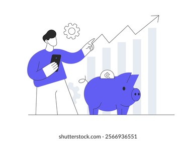 Saving money. Character collecting coins in piggy bank, makes financial data analysis with chart and arrow growth, gets profit. Flat Cartoon Vector Illustration, icon. Stylish abstract