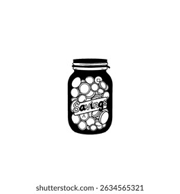 saving money coin in jar glass icon symbol vector design black white color simple flat illustration set. Sketch Drawing Line Linear Symbol Icon Engraving Coloring Book, Hand-drawn Black and White Isol